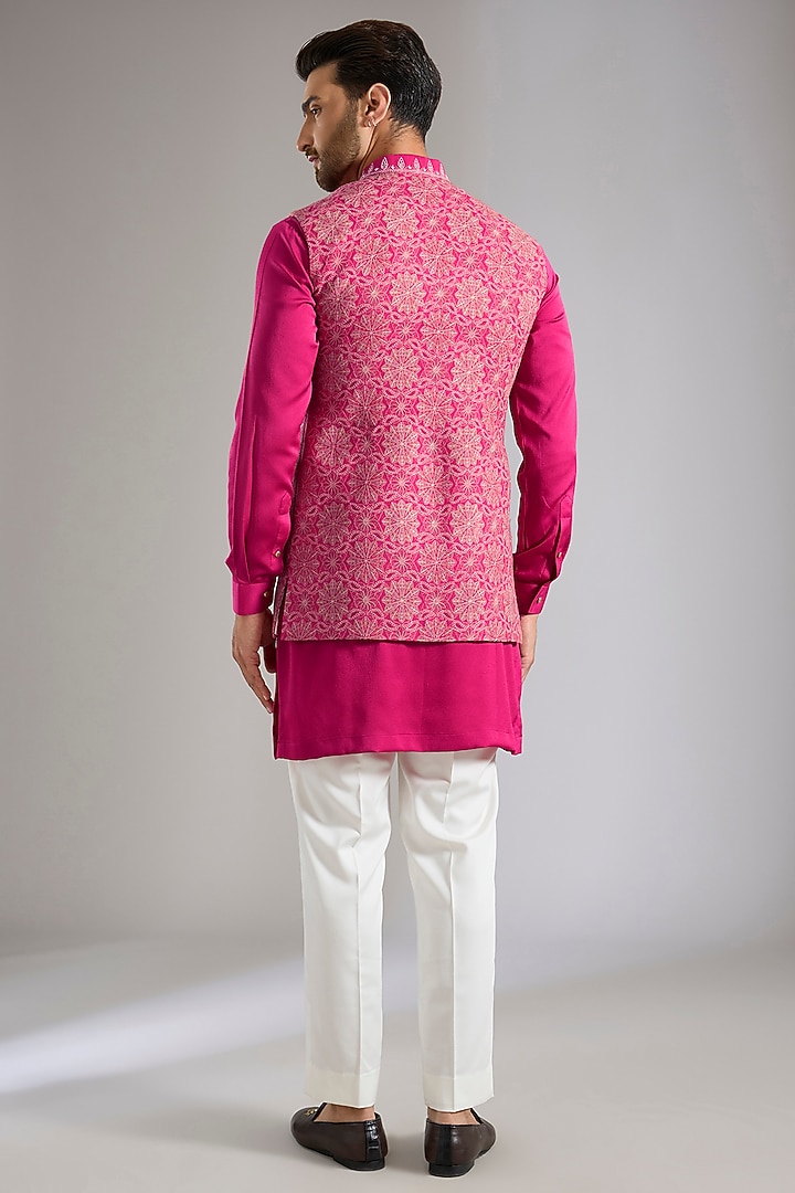 Fuchsia Pink Silk Bundi Jacket Set by Qbik Men at Pernia's Pop Up Shop
