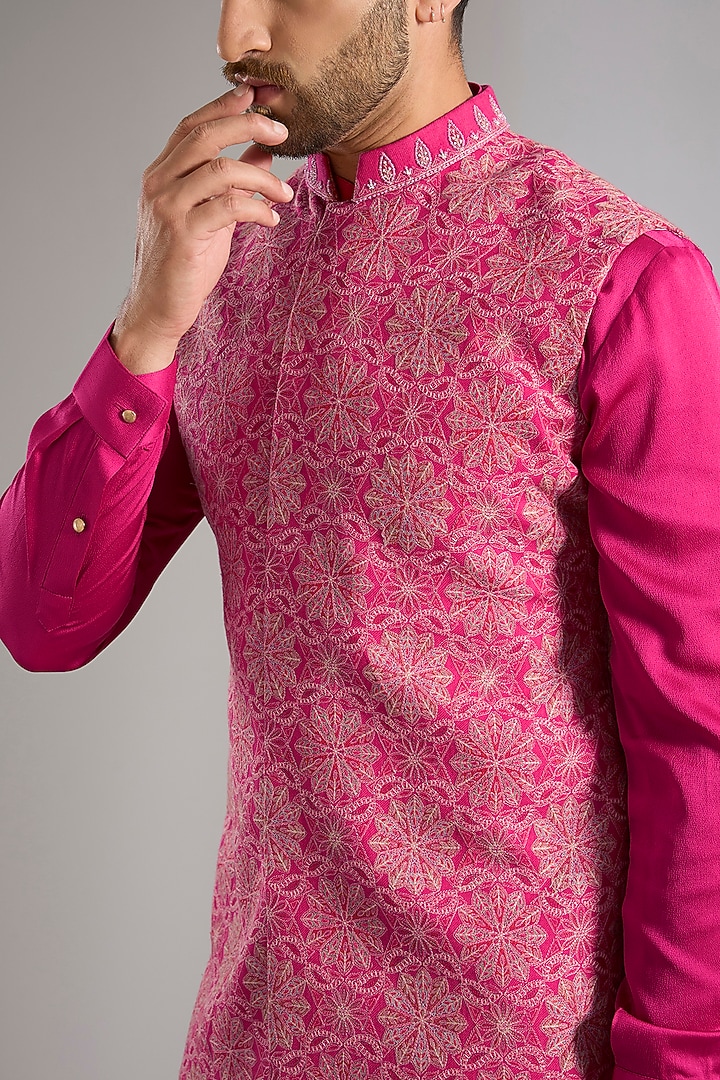 Fuchsia Pink Silk Bundi Jacket Set by Qbik Men at Pernia's Pop Up Shop