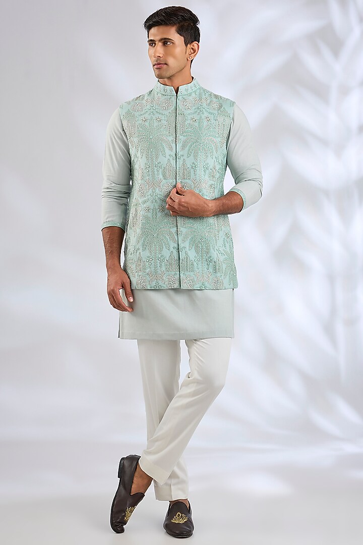 Powder Blue Silk Bundi Jacket Set by Qbik Men at Pernia's Pop Up Shop