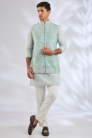 Powder Blue Silk Bundi Jacket Set by Qbik Men