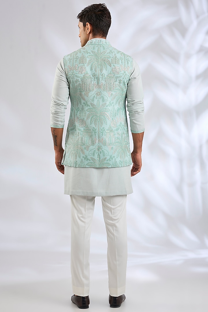 Powder Blue Silk Bundi Jacket Set by Qbik Men at Pernia's Pop Up Shop