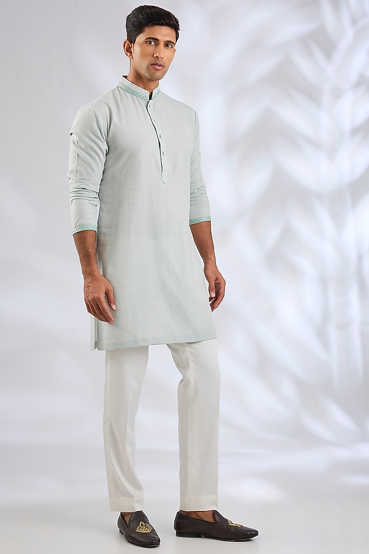 Powder Blue Silk Bundi Jacket Set by Qbik Men at Pernia's Pop Up Shop