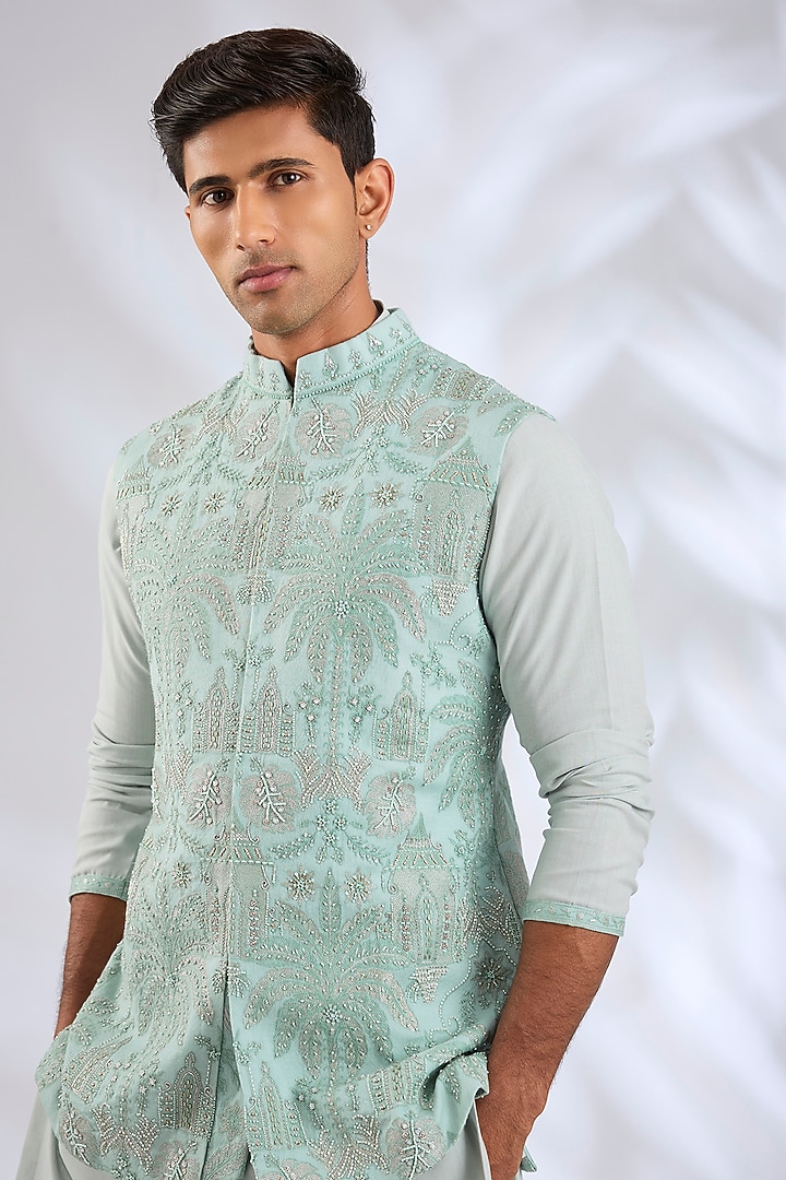 Powder Blue Silk Bundi Jacket Set by Qbik Men at Pernia's Pop Up Shop