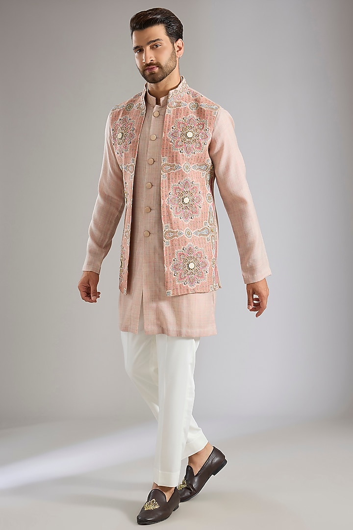 Blush Silk Bundi Jacket Set by Qbik Men at Pernia's Pop Up Shop