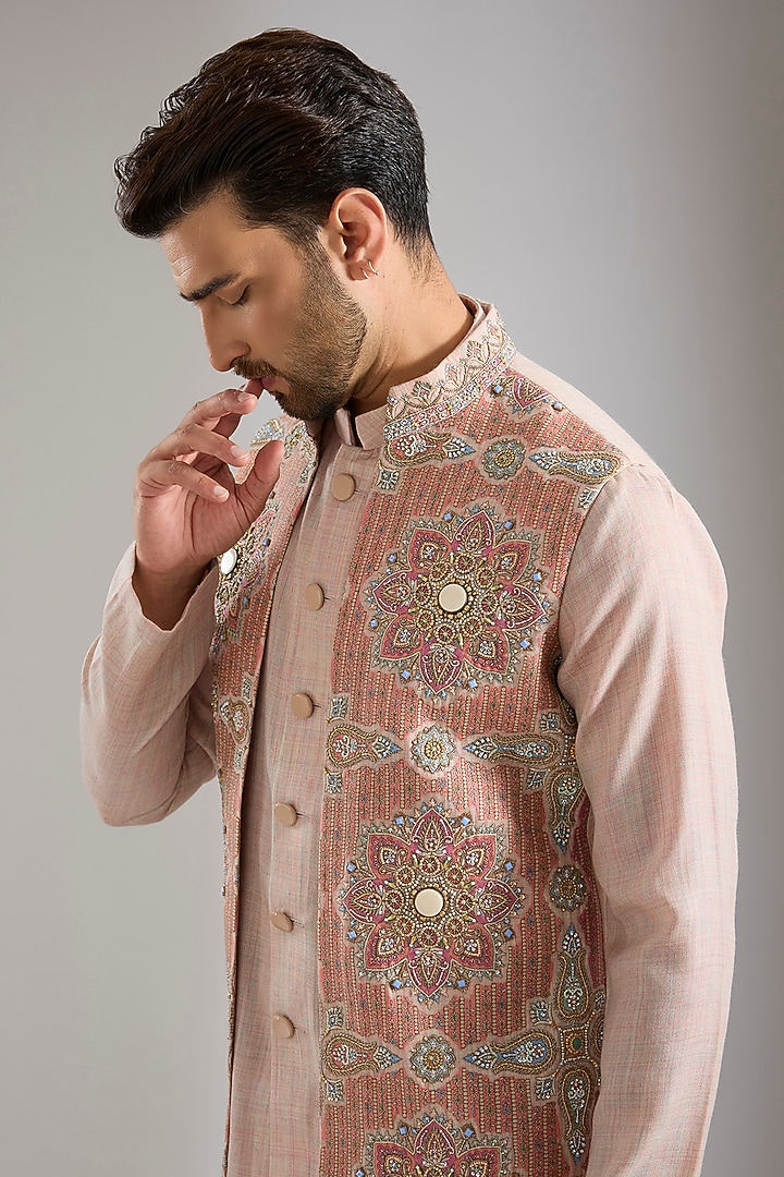 Blush Silk Bundi Jacket Set by Qbik Men at Pernia's Pop Up Shop