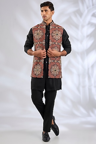 Black Silk Bundi Jacket Set by Qbik Men