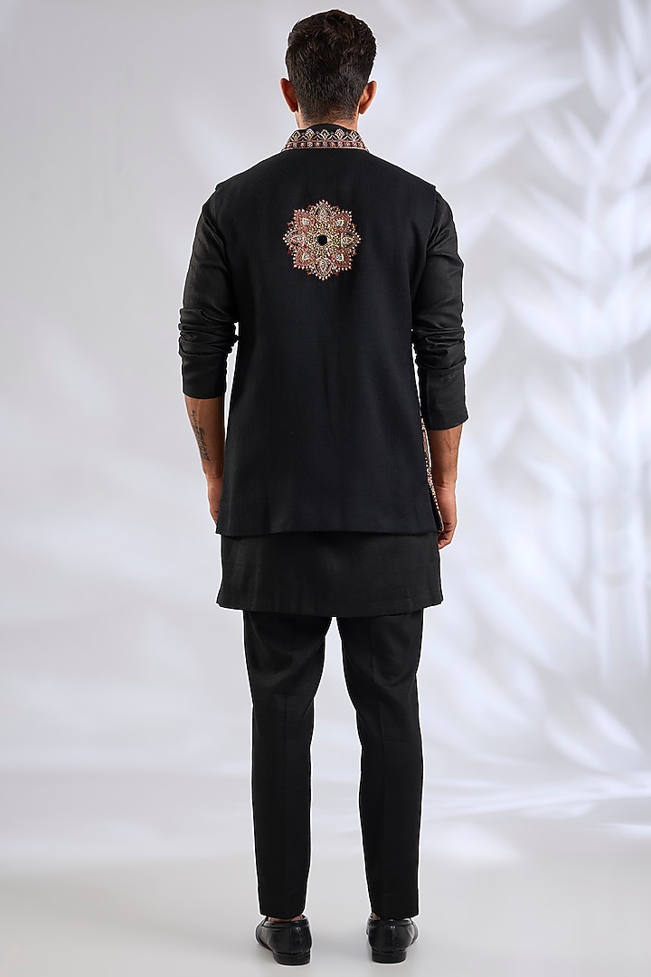 Black Silk Bundi Jacket Set by Qbik Men at Pernia's Pop Up Shop