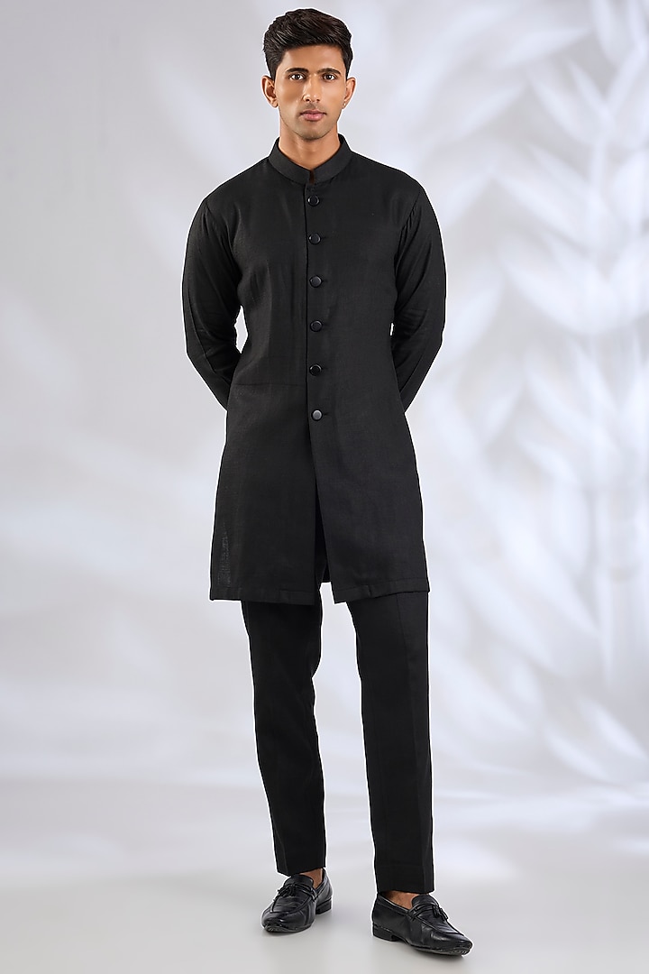 Black Silk Bundi Jacket Set by Qbik Men at Pernia's Pop Up Shop