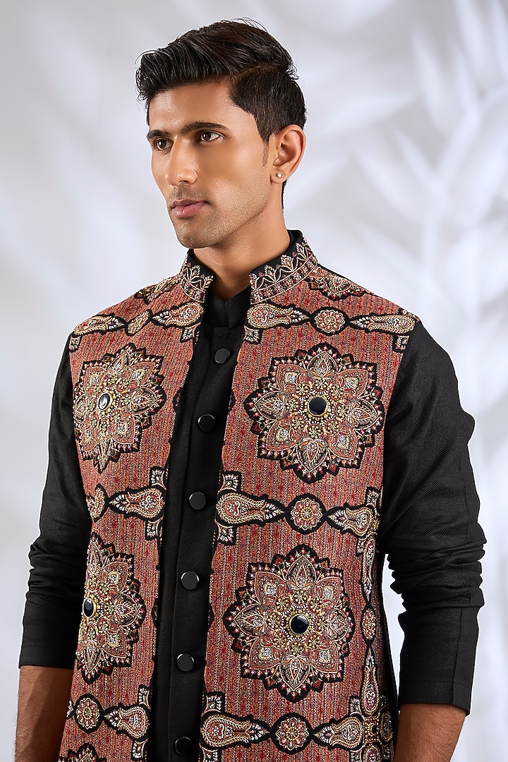 Black Silk Bundi Jacket Set by Qbik Men at Pernia's Pop Up Shop