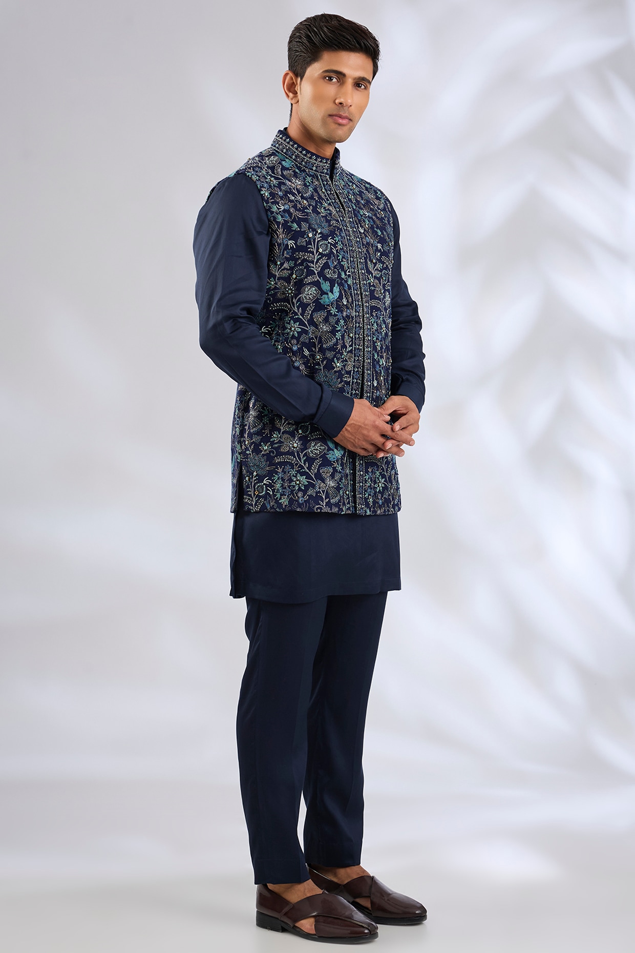Qbik Navy Blue Silk Bundi Jacket Set