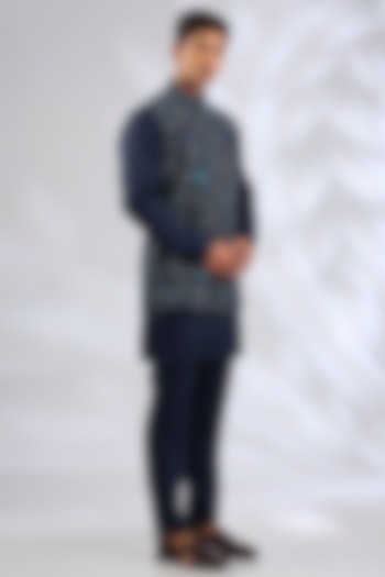 Navy Blue Silk Bundi Jacket Set by Qbik Men at Pernia's Pop Up Shop