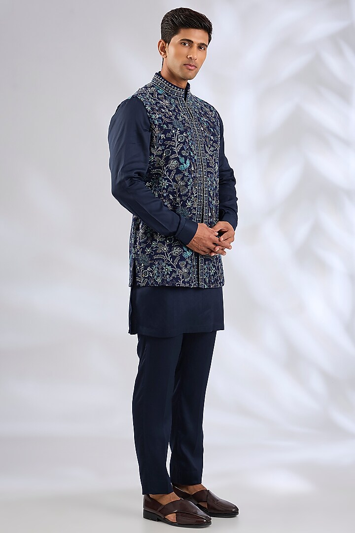 Navy Blue Silk Bundi Jacket Set by Qbik Men at Pernia's Pop Up Shop