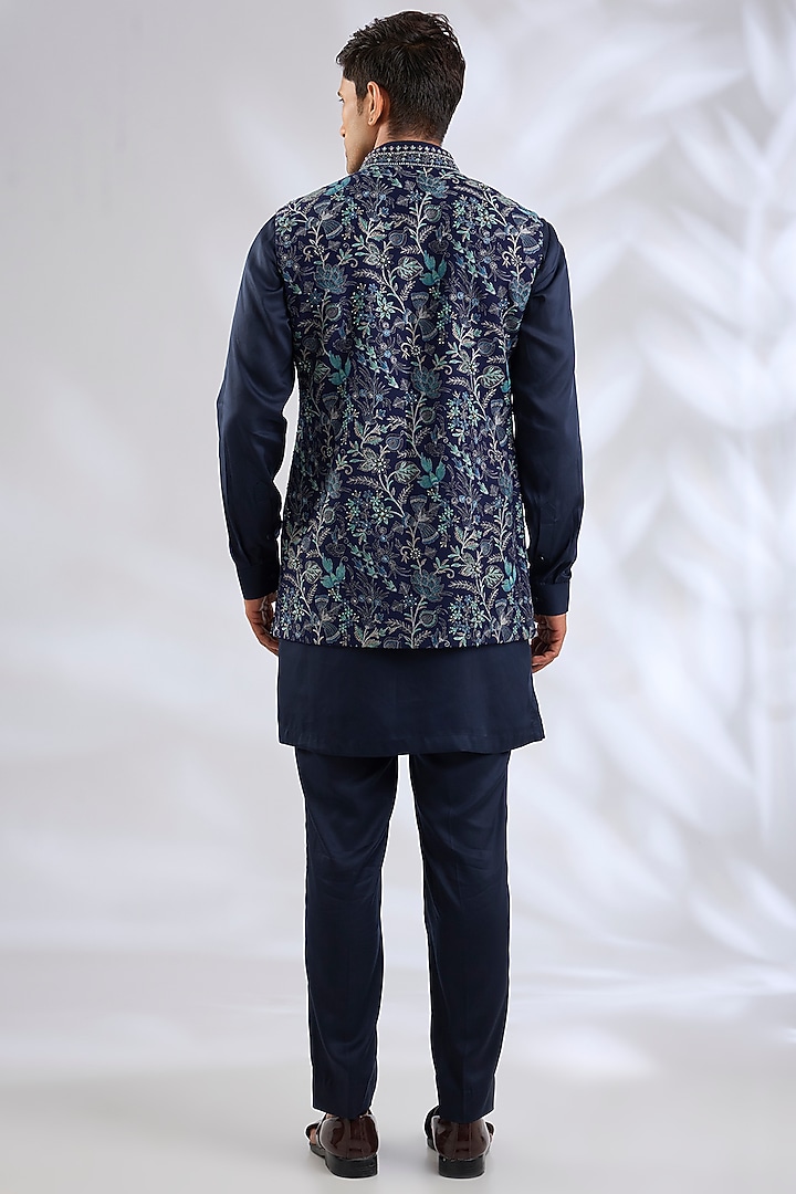 Navy Blue Silk Bundi Jacket Set by Qbik Men at Pernia's Pop Up Shop