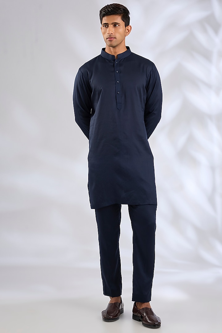 Navy Blue Silk Bundi Jacket Set by Qbik Men at Pernia's Pop Up Shop