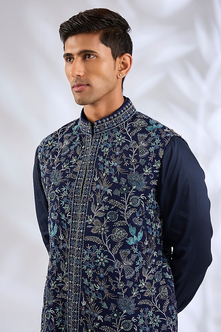 Navy Blue Silk Bundi Jacket Set by Qbik Men at Pernia's Pop Up Shop