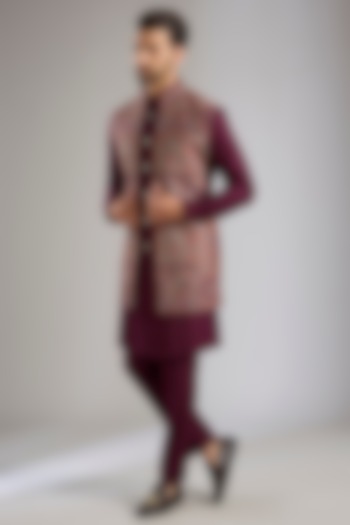 Wine Silk Wedding Indowestern Set by Qbik Men at Pernia's Pop Up Shop