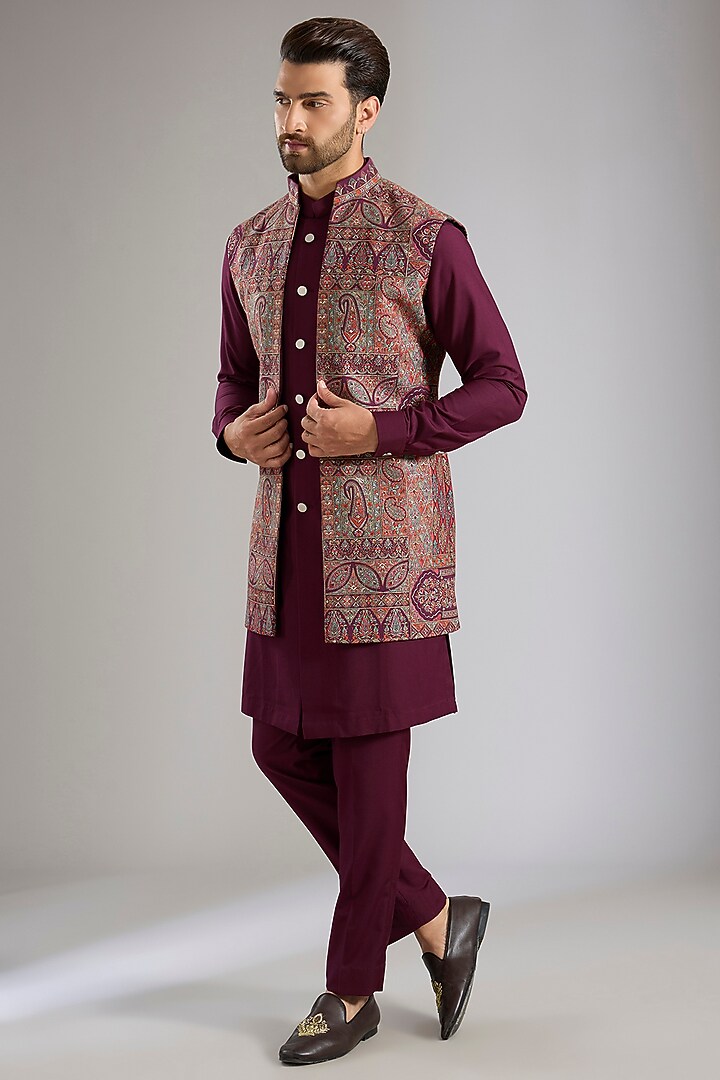 Wine Silk Wedding Indowestern Set by Qbik Men at Pernia's Pop Up Shop