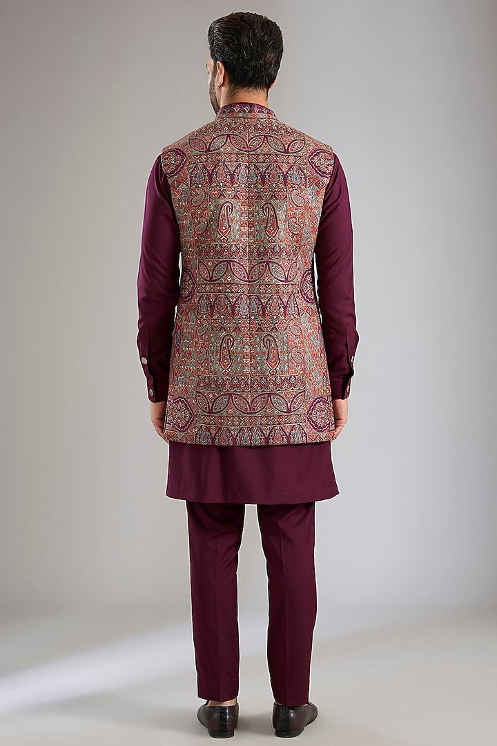 Wine Silk Wedding Indowestern Set by Qbik Men at Pernia's Pop Up Shop