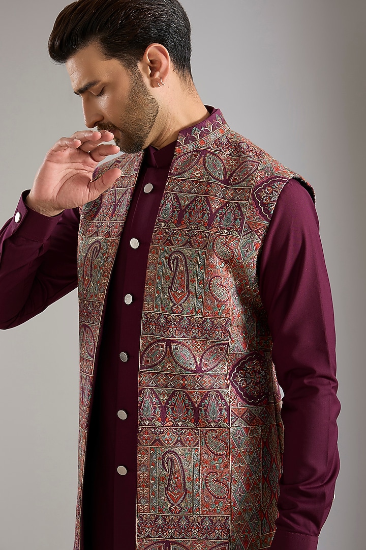 Wine Silk Wedding Indowestern Set by Qbik Men at Pernia's Pop Up Shop