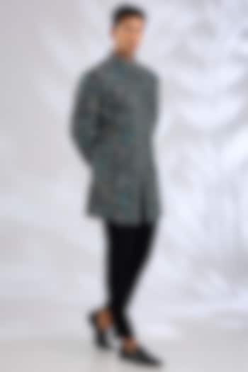 Black Silk Hand Embroidered Groom Sherwani Set by Qbik Men at Pernia's Pop Up Shop