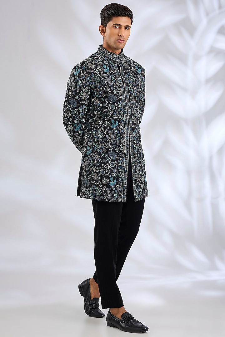 Black Silk Hand Embroidered Groom Sherwani Set by Qbik Men at Pernia's Pop Up Shop