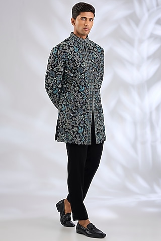 Black Silk Hand Embroidered Groom Sherwani Set by Qbik Men at Pernia's ...