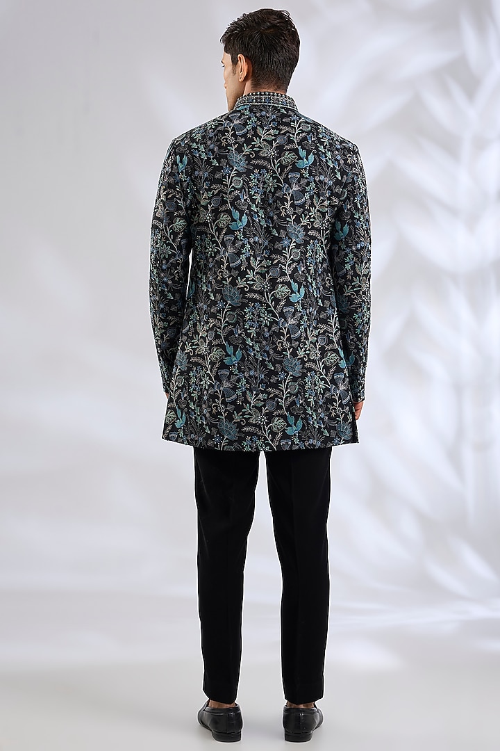 Black Silk Hand Embroidered Groom Sherwani Set by Qbik Men at Pernia's Pop Up Shop