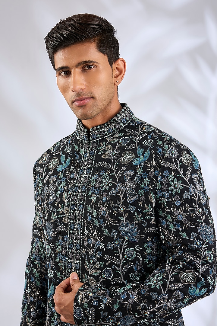 Black Silk Hand Embroidered Groom Sherwani Set by Qbik Men at Pernia's Pop Up Shop