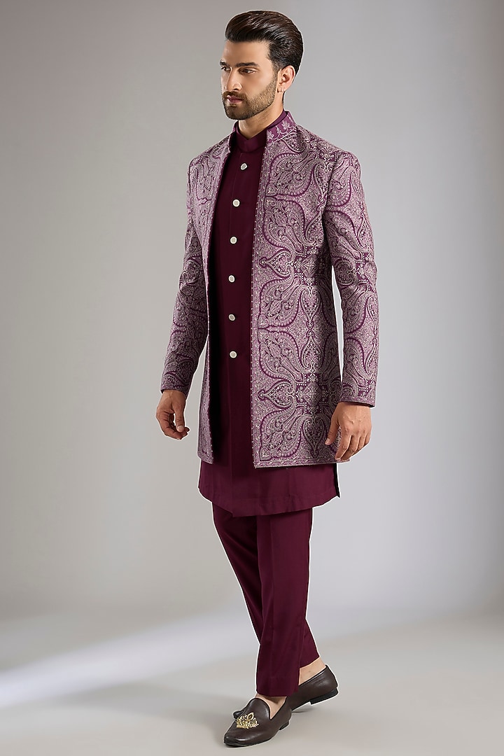 Wine Silk Groom Indowestern Set by Qbik Men at Pernia's Pop Up Shop
