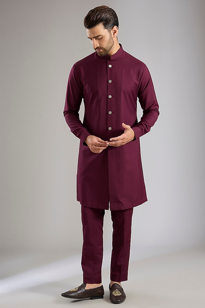 Wine Silk Groom Indowestern Set by Qbik Men at Pernia's Pop Up Shop
