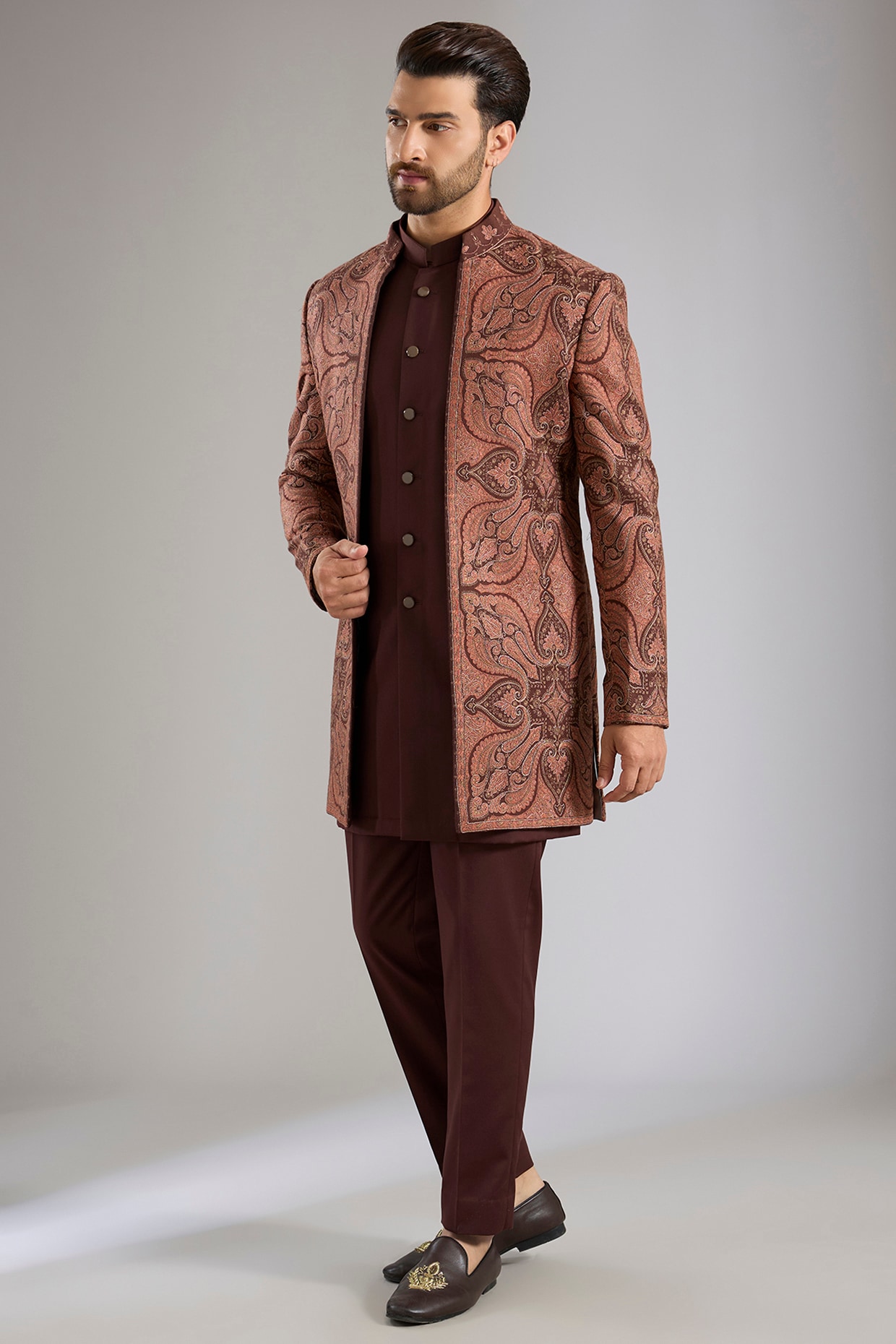 Qbik Brown Silk Bundi Jacket Set