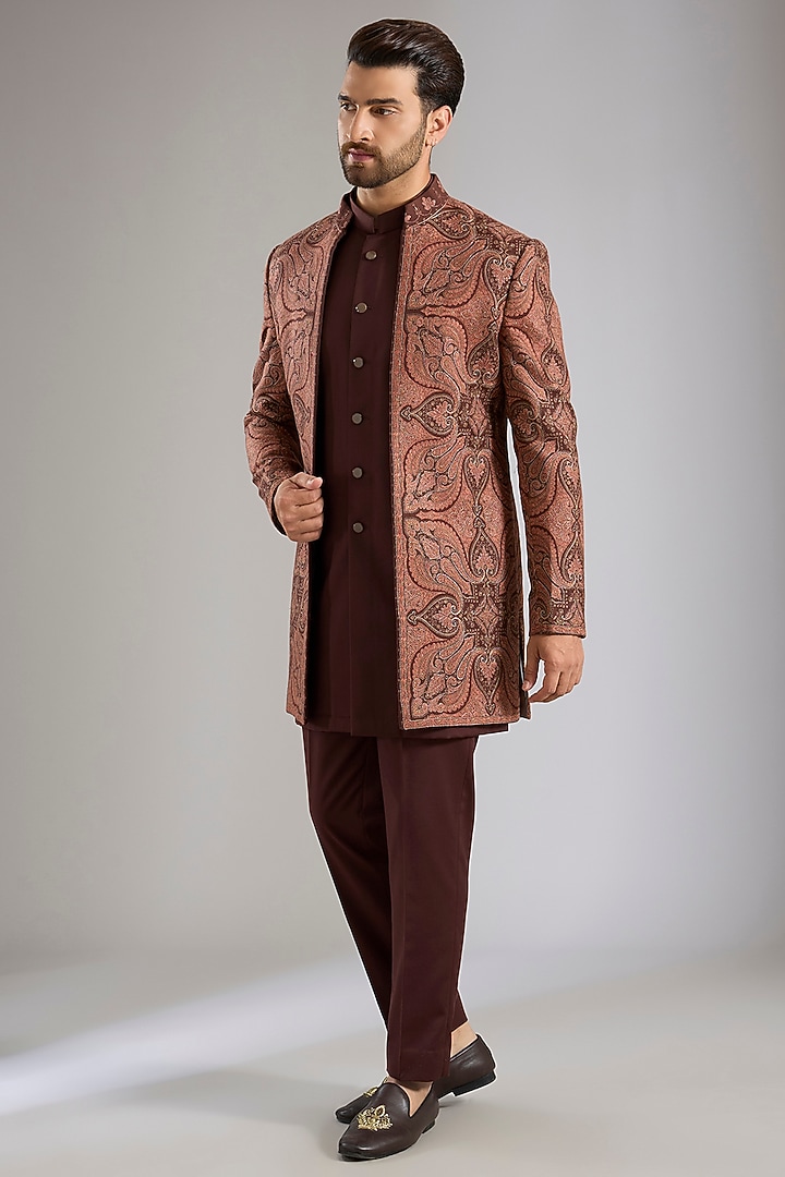 Brown Silk Bundi Jacket Set by Qbik Men at Pernia's Pop Up Shop