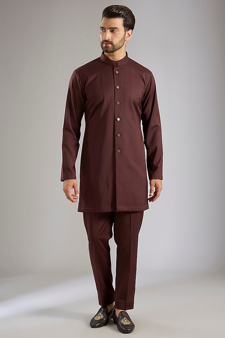 Brown Silk Bundi Jacket Set by Qbik Men at Pernia's Pop Up Shop
