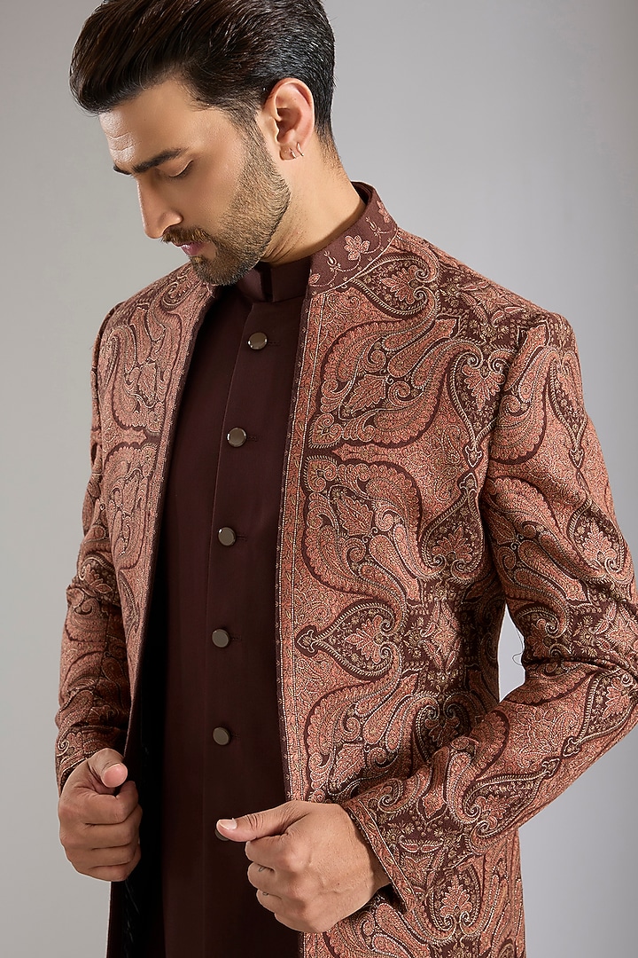 Brown Silk Bundi Jacket Set by Qbik Men at Pernia's Pop Up Shop
