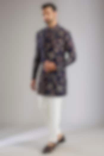 Navy Blue Silk Groom Indowestern Set by Qbik Men at Pernia's Pop Up Shop