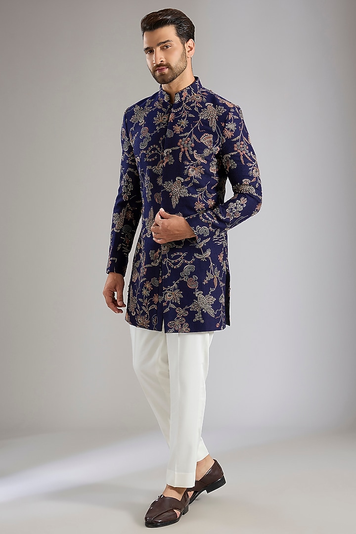 Navy Blue Silk Groom Indowestern Set by Qbik Men at Pernia's Pop Up Shop