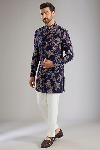 Navy Blue Silk Indowestern Set by Qbik Men