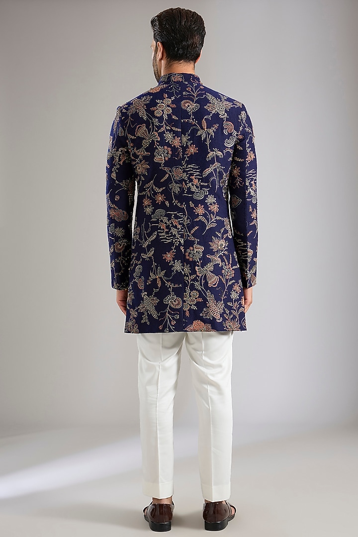 Navy Blue Silk Groom Indowestern Set by Qbik Men at Pernia's Pop Up Shop