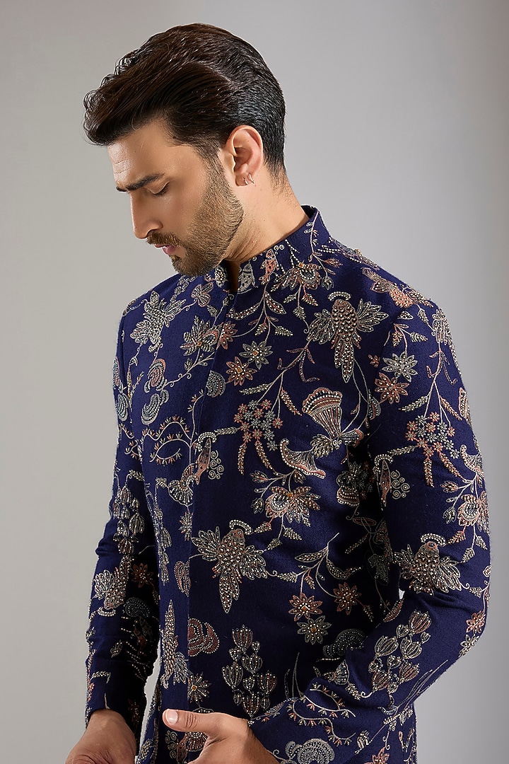 Navy Blue Silk Groom Indowestern Set by Qbik Men at Pernia's Pop Up Shop