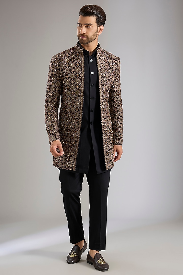 Black Silk Groom Indowestern Set by Qbik Men at Pernia's Pop Up Shop