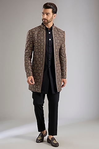 Black Silk Indowestern Set by Qbik Men
