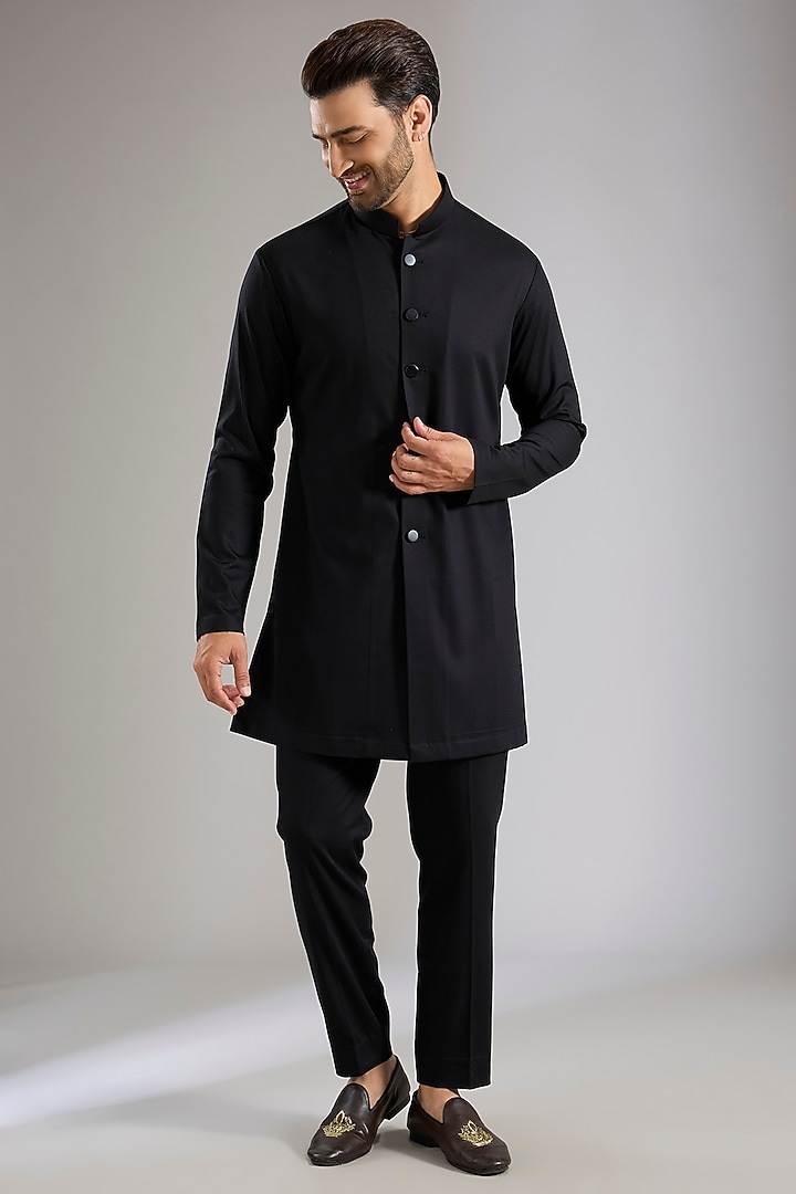 Black Silk Groom Indowestern Set by Qbik Men at Pernia's Pop Up Shop