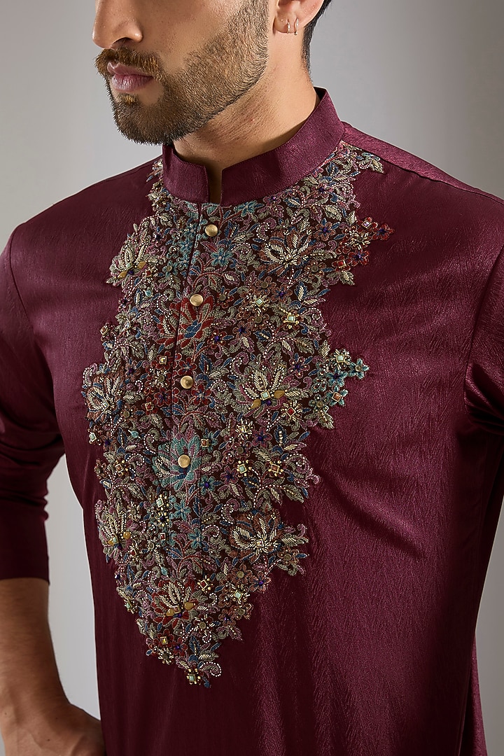 Wine Silk Kurta Set by Qbik Men at Pernia's Pop Up Shop