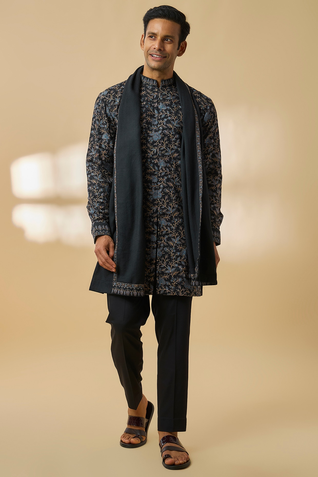 Qbik Black Pashmina Silk Embroidered Kurta Set