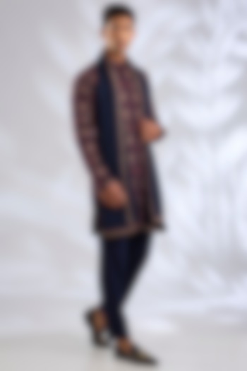 Navy Blue Pashmina Silk Embroidered Kurta Set by Qbik Men at Pernia's Pop Up Shop