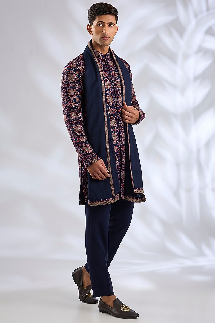 Navy Blue Pashmina Silk Embroidered Kurta Set by Qbik Men at Pernia's Pop Up Shop