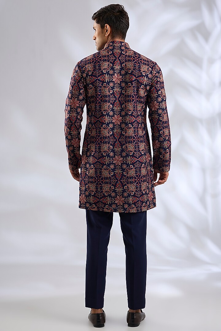 Navy Blue Pashmina Silk Embroidered Kurta Set by Qbik Men at Pernia's Pop Up Shop