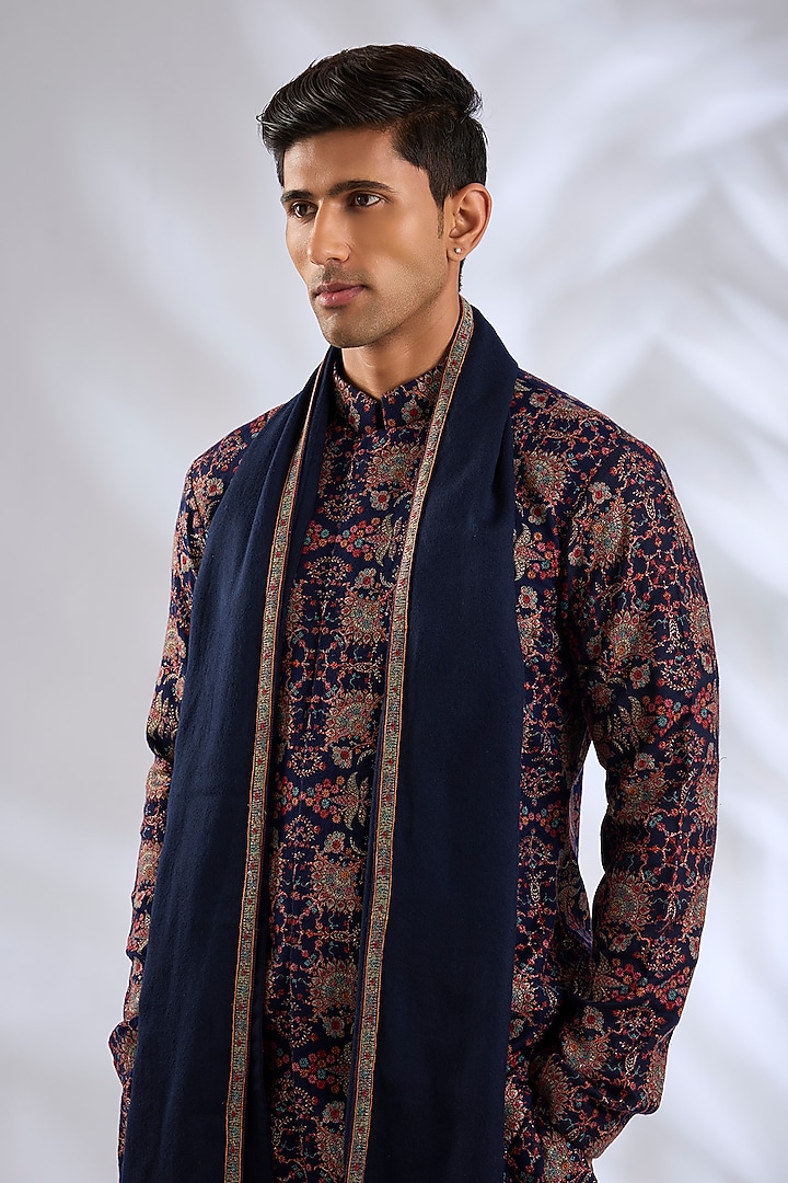 Navy Blue Pashmina Silk Embroidered Kurta Set by Qbik Men at Pernia's Pop Up Shop