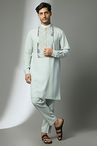 Aqua Blue Tencel Kurta Set by Qbik Men