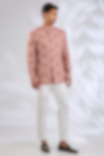 Pink Raw Silk Zari Embroidered Groom Bandhgala Set by Qbik Men at Pernia's Pop Up Shop